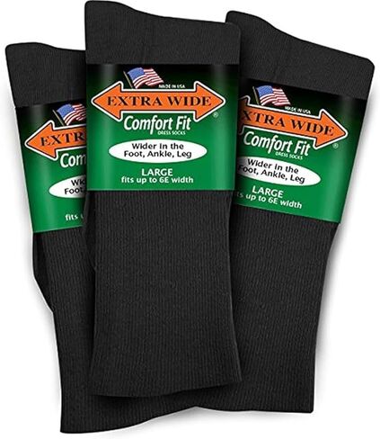 Extra Wide Lightweight Cotton Crew Comfort Fit Dress Socks (Pack of 3) Made in the USA in Kuwait
