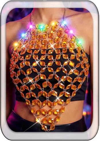 Aukmla Crystal Bra Body Chain Top Silver Rhinestones Light Up Halter Crop Tops LED Beach Bikini Chest Chains Body Jewelry for Women in Saudi Arabia