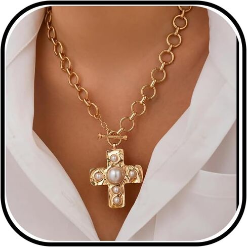 Chunky Cross Necklace for Women Statement Chunky Gold Necklace Pearl Cross Pendant Necklaces Layered Vintage Toggle Clasp Necklaces Jewelry in Kuwait