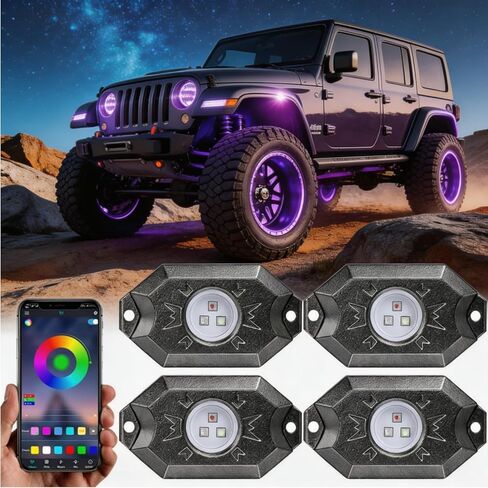 YCHOW-TECH RGB LED Rock Lights, 4 Pods Underglow Multicolor Neon Light Pod Wireless Waterproof Wheel Well Lights with APP Control & Music Mode Rock Neon Light Kits for Pickup Off Road RZR SUV ATV UTV in Kuwait