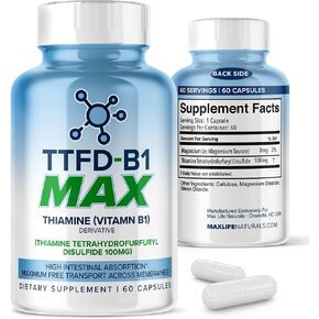 TTFD - B1 Max - ثيامين فيتامين B1 TTFD - 100 ملغ - (ثيامين رباعي هيدروفورفوريل ثاني كبريتيد) ثيامين ماكس، 60 كبسولة من MAXLIFE NATURALS. in Kuwait