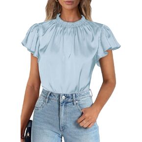 PRETTYGARDEN Business Casual Tops for Women Blouses Dressy 2025 Summer Short Sleeve Ruffle Satin Work Office Attire in Saudi Arabia