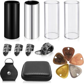 Topus 4 Pieces Medium Guitar Slide (3 Colors Steel Glides, 1 Pieces Glass Slide), Guitar Accessories Kit Include 10 Pieces Guitar Picks and 8 Pieces Plastic Thumb & Finger Picks in Storage Box in Kuwait