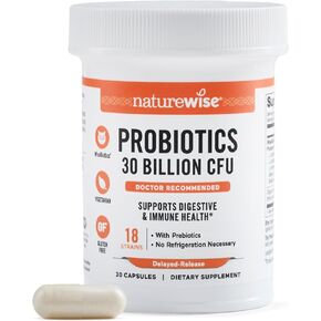 Naturewise Max Probiotics للنساء والرجال - 30 مليار سلالات CFU 18 + prebiotics العضوية - من أجل صحة الأمعاء والهضم - كبسولات نباتية ، تأخر ، خالية من الغلوتين - 30 كبسولة [إمدادات مدتها 30 يومًا] in Kuwait