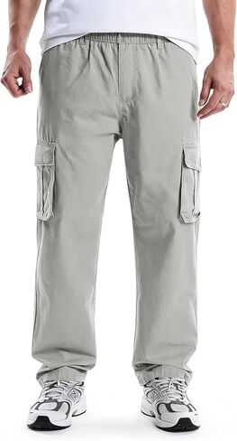 Men's Elastic Waist Cargo Pants,Casual Loose Fit Lightweight Workwear Pull On Pants in Kuwait