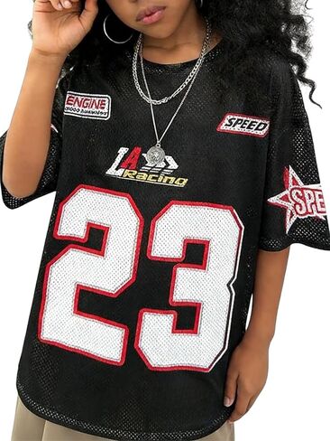 Verdusa Girl's Oversized Jersey Shirts Number Y2k Tops Letter Print Vintage Tees in Saudi Arabia