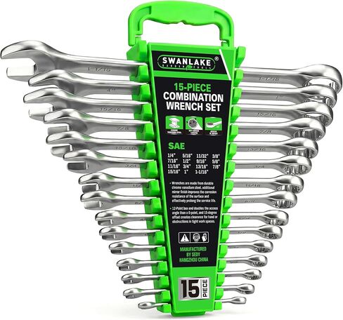 SWANLAKE GARDEN TOOLS 15-Piece SAE Wrench Set, V Notch Premium Combination Wrenchs Set, SAE 1/4" to 1", Max Torque, 12-Point, Chrome Vanadium Steel, with Storage Rack in Kuwait