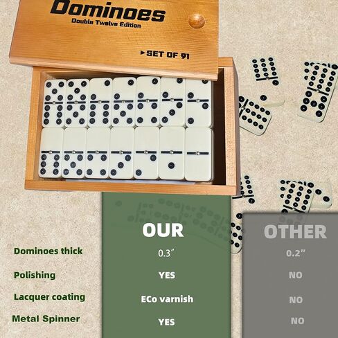 مجموعة الدومينو للبالغين، مجموعة الدومينو مزدوجة اثني عشر، مزدوج 12 بلاط دومينو احترافي مع دوار في صندوق خشبي، مجموعة الدومينو 91 بلاطة مع علبة خشبية طبيعية in Kuwait