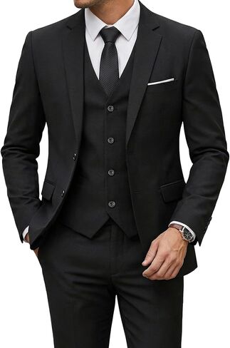 MrSure Men's 3 Pieces Suit, Solid Slim Fit Two Buttons Blazer Set, Jacket Vest Pants with Tie for Wedding Party Business in Kuwait