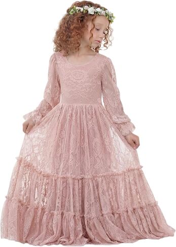 Flower Girl Dress Lace Boho Toddler Dresses Ruffle Girl Dress for Wedding Garden Party Holiday Communion Long Sleeve in Kuwait