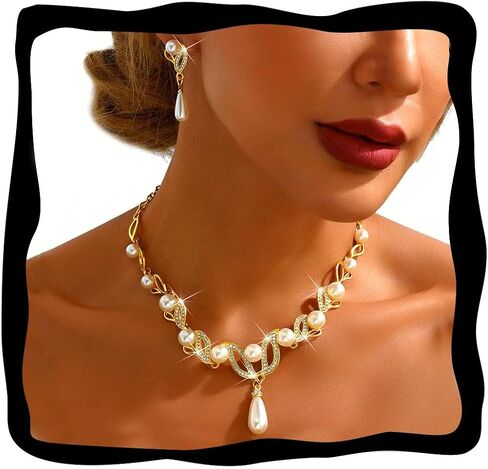 Cloace Gold Pearl الزفاف الزفاف المجوهرات مجموعة أقراط قلادة الراينستون مجموعات أزياء المجوهرات للنساء والعرائس in Kuwait
