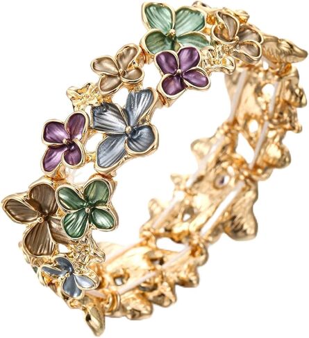LUREME Gold Sakura Floral Bracelet for Women - Colorful Enamel Flower Stretch Bangle, Adjustable Elastic Cuff (bl003608) in Kuwait