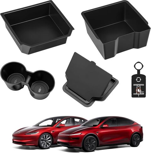 5PCS 2024 Model Y Front + Rear Flocked Center Console Organizer Tray Armrest Hidden Storage Box Cup Holder Silicone Key Card Holder for 2021-2024 New Tesla Model Y Accessories in Kuwait