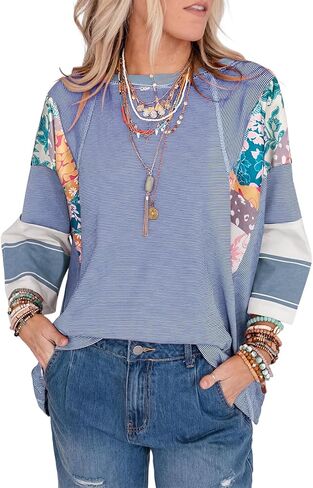 EVALESS Boho Tops for Women Trendy 2026 Fall 3/4 Length Patchwork Shirts in Kuwait