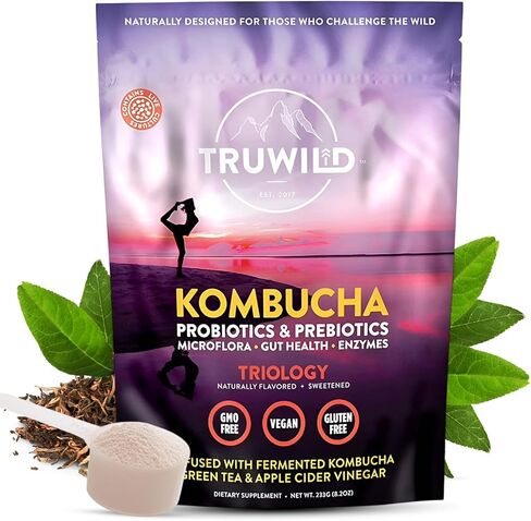 Truwild Natural Kombucha مسحوق البروبيوتيك ملحق مشروب نباتي مزيج - صحة الأمعاء إنزيمات الجهاز الهضمي مع الثقافات الحية + خل التفاح والبريبايوتيك - 20 حصة in Kuwait