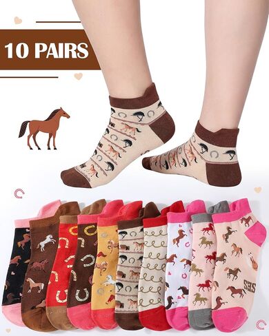 Xtinmee 10 Pairs Horse Riding Socks for Women Girls Novelty Cotton Ankle Socks Gift for Horse Lovers Equestrian Cowgirl in Kuwait