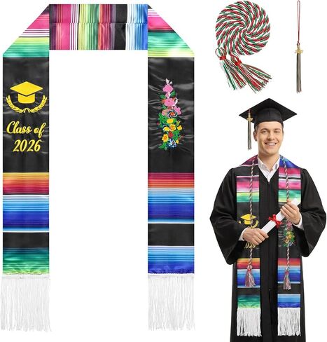 Embroidery Mexican Graduation Stole Class of 2025,Mexican Graduation Sash with Gold Honor Cord for Mexican Graduates in Kuwait