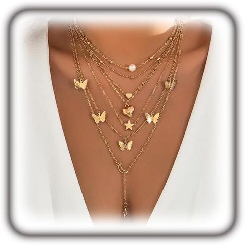 GIGB PBDK Layered Butterfly Necklace Set for Women Trendy Stars Moon Cross Pearl Heart Gold Chain Adjustable Stackable Gold Statement Choker Necklace Dainty Jewelry Gift Set in Kuwait