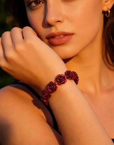 Vintage Rose Flower Bracelet Stretch Red Bracelets for Women Protection Lucky Love Classy Unique Adjustable Floral Bangle Jewelry Accessories Gift for Lady Girlfriend Wife Mom in Kuwait