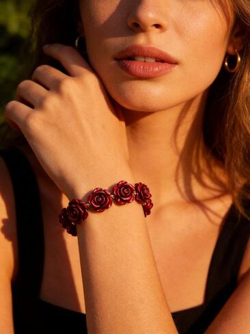 Vintage Rose Flower Bracelet Stretch Red Bracelets for Women Protection Lucky Love Classy Unique Adjustable Floral Bangle Jewelry Accessories Gift for Lady Girlfriend Wife Mom in Kuwait