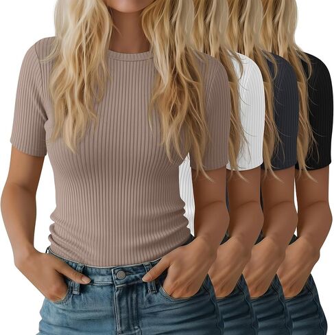 Neer 4 Pack Women's Short Sleeve T-Shirts Cotton Slim Fitted Ribbed Tops Crew Neck Summer Casual Shirt Basic Tight Tees 2026 in Kuwait