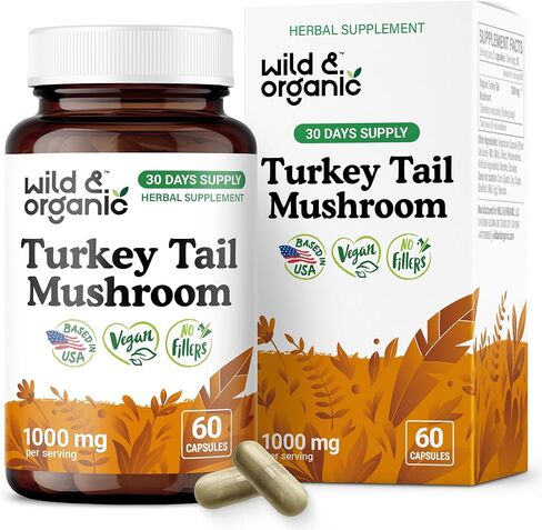 Wild & Organic Turkey Tail Mushroom Capsules 1000 mg - Immune Support - Turkey Tail Mushroom Powder Supplement - Coriolus Versicolor Mycelium Extract - Vegan, No Fillers, Non-GMO - 60 Count in Saudi Arabia