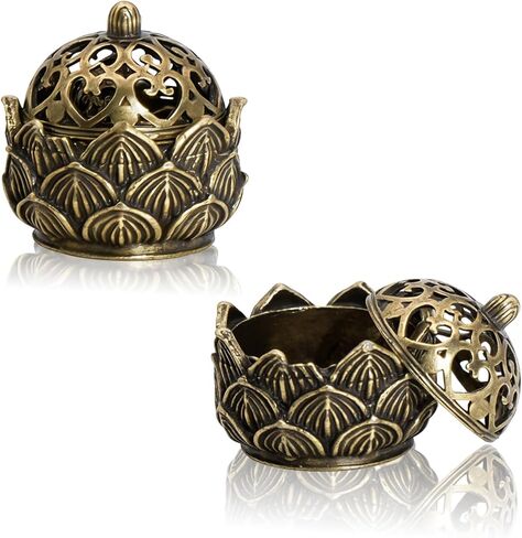 2Pcs Mini Brass Lotus Flower Incense Holder, Small Incense Cone Burner Calligraphy Style Closed with Lid for Bedroom Kitchen Teahouse Office Home Decor Yoga Spa Mediation in Kuwait