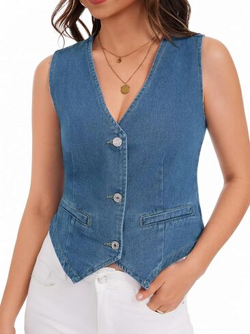 Womens Denim Vest Sleeveless V Neck Button Down Jean Jacket Y2K Summer Crop Tops in Kuwait