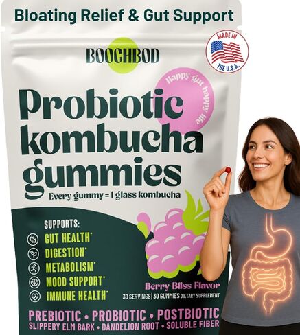 Probiotic Kombucha Gummy - Prebiotics, Probiotics, Postbiotics, Fiber Supplement, Slippery Elm, Dandelion Root, MCT Oil, for Bloating, Gut Health - Probiotics for Women, Probiotics for Men in Saudi Arabia