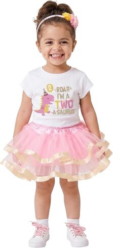 Luke and Lulu 2 Year Old Girl Dinosaur Birthday Outfit - Two Rex Pink Gold Dress with Headband for Toddlers in Kuwait