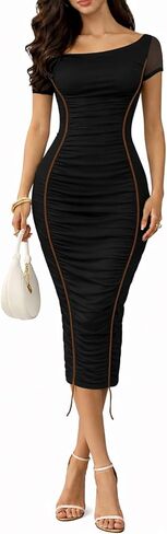 Womens Summer Off Shoulder Midi Bodycon Party Dress Short Sleeve Elegant Mesh Ruched Club Cocktail Dresses in Kuwait