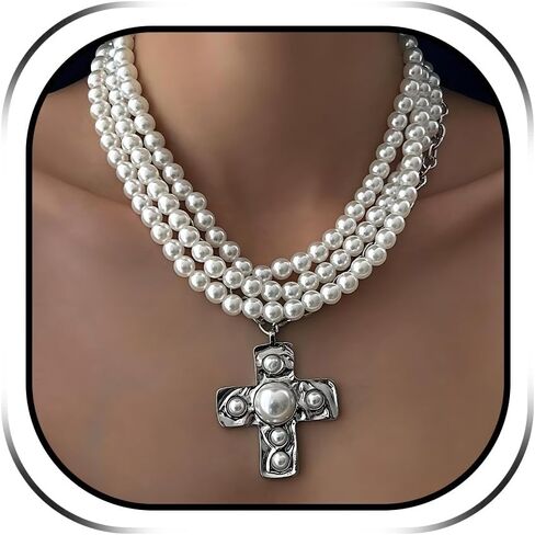 Chunky Cross Necklace for Women Chunky Pearl Cross Necklaces Statement Necklace for Women Layering Christian Gifts Easter Basket Essentials in Kuwait