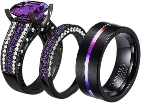 Loversring 3pc اثنين من حلقاته وزوجين رواتب الزفاف يضعونها نساء من الذهب الأسود المطلي بالذهن الأرجواني CZ Man Man Tungsten Carbide Ring Band Band Band in Saudi Arabia