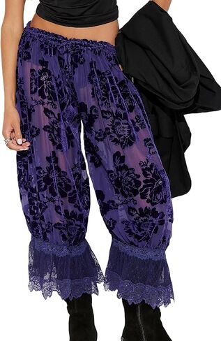 UAURORAO Women Lace Trim Long Bloomers Elastic Mid Rise Ruffle Pantaloons Cropped Flared Slips Pants Pajama Bottoms in Kuwait