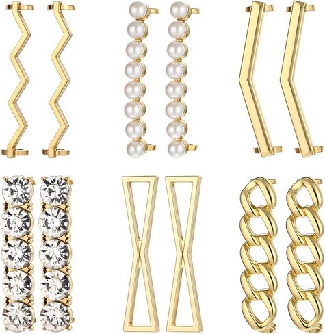 12 PCS Shoelace Charms, DIY Decorative Shoe Clips, Gold Sneakers Shoelaces Decorations Faux Pearl Rhinestones Shoes Accessory Girl Women Casual Shoes in Kuwait