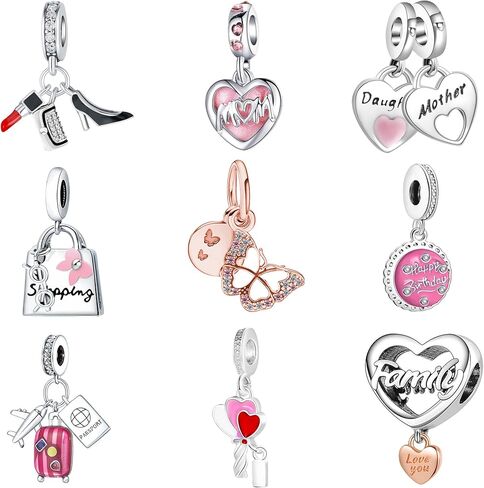 9PCS European Charms Beads Pendant For Pandora Bracelet, Charms DIY Bracelets Necklace Jewellery Gift for Birthday Valentine's Day Party Christmas Mother's Day Heart Love MOM Leaf Butterfly in Saudi Arabia