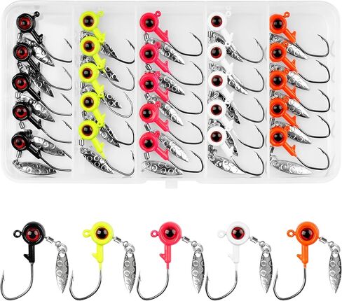 طقم خطافات صيد السمك من Crappie Jig Heads، 25 قطعة من الطُعم السفلي مع رأس تهزهز مع شفرة دوارة وكرة عين مطلية لصيد سمك السلمون المرقط والمياه العذبة 1/16oz 1/8oz 3/16oz in Kuwait