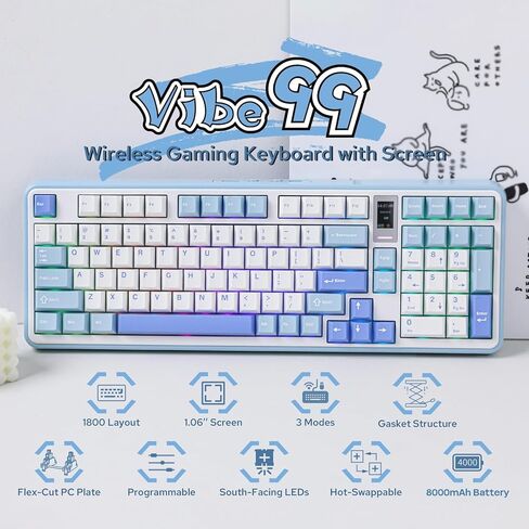 Vibe99 Wireless Gaming Keyboard with 1.06’’ Screen, 100 Keys Gasket Mechanical Keyboard, Hot Swappable Creamy Keyboard with BT5.0/2.4GHz/USB-C, 5-Layer Padding, RGB, NKRO for Win/Mac (Blue) in Kuwait