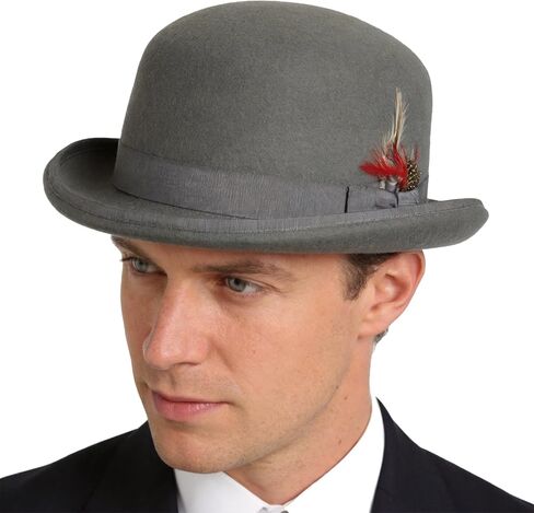 Men's Wool Bowler Hats - Felt Derby Dress Hat - Rolled Brim Fedora with Feather in Kuwait