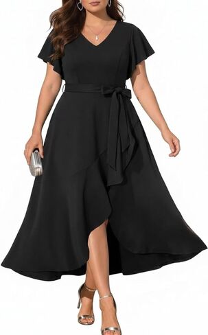 Women Plus Size Wedding Guest Dress - Formal Cocktail Split Ruffle V Neck High Low Party Long Maxi Dresses 2025 in Kuwait