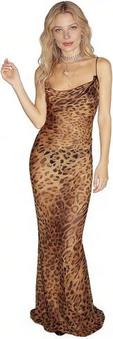 ANKOMINA Women's Leopard Mesh Sheer Spaghetti Strap Long Maxi Dress Sexy Backless Beach Swimsuit Cover Ups Party Club Dresses in Saudi Arabia