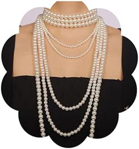 fxmimior Multilayer 1920s Pearls Necklace Fashion Faux Pearls Layered Necklace Accessories Vintage Costume Black Cream Long Choker Necklace for Women 4Pcs in Kuwait