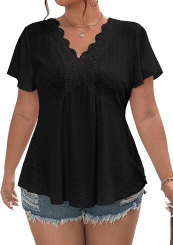 Eytino Womens Plus Size Tops Lace Crochet V Neck Short Sleeve Eyelet Blouse Loose Casual Summer Peplum Shirts(1X-5X) in Saudi Arabia