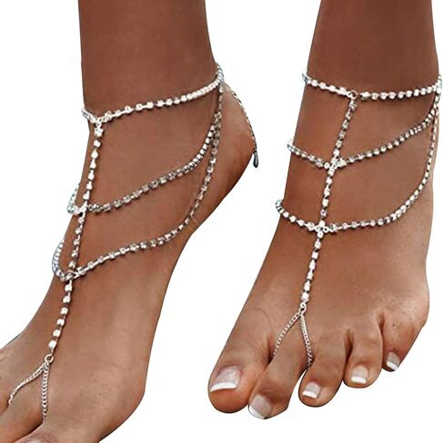 1Pair Summer Beach Rhinestone Barefoot Sandals Foot Chain with Toe Ring Bikini Crystal Anklets Bracelet Wedding Bridal Rhinestone Anklet Foot Chain Jewelry for Women in Kuwait