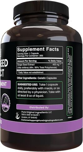 PURE ORIGINAL INGREDIENTS Grape Seed Extract (365 Capsules) No Magnesium Or Rice Fillers, Always Pure, Lab Verified in Kuwait