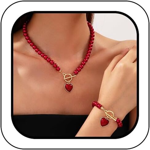 Pearls Heart Necklace Bracelets Set for Women, Dainty Pearls Beaded Choker OT Buckle Love Bracelets Charm Prom Wedding Jewelry for Bridal Bridesmaid in Kuwait