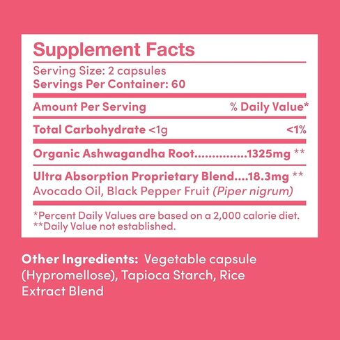 اشواغاندا العضوية 1325 ملغ. جذور اشواغاندا نقية مع الفلفل الأسود وزيت الأفوكادو لامتصاص فائق. 120 كبسولة نباتية. غير معدّل وراثيًا، وخالي من الغلوتين in Kuwait