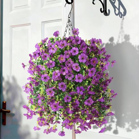 الزهور الاصطناعية معلقة سلال ، 4 حزم في الهواء الطلق سلة معلقة زخرفة الصيف ، لا تتلاشى زهور زهور واقعية لشرفة الفناء الشرفة ديكور يارد المنزل (الأرجواني المزدوج) in Kuwait