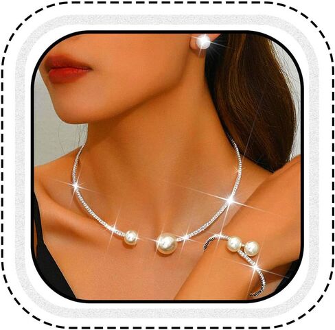 Unicra Pearl Bridal Wedding Jewelry Sets Silver Rhinestone Necklace Earrings Bracelet Set Prom Formal Costume Jewelry Set for Women and Brides in Saudi Arabia
