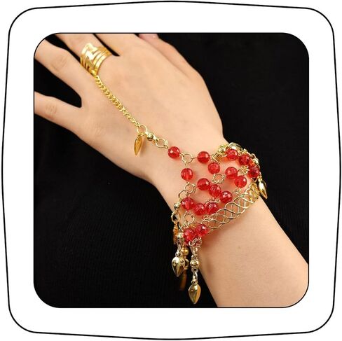 Vintage Gemstone Crystal Slave Bracelet with Finger Ring Adjustable Open Cuff Bracelet Sparkling Disc Tassel Harness Bracelet Bohemian Ruby Teardrop Belly Dance Hand Jewelry in Kuwait